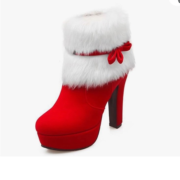 Red Women's Winter Fur Ankle Boots Fur Chunky High Heel Santa Booties 10.5 - Picture 2 of 14